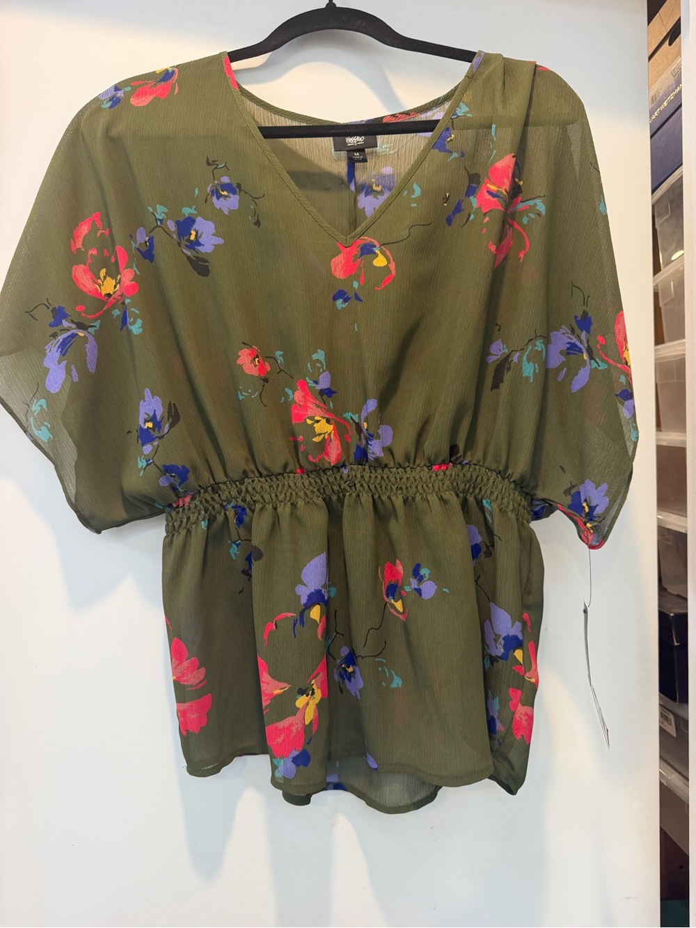 NWT Mossimo Supply Co. Olive Floral V-Neck Smocked Waist Blouse